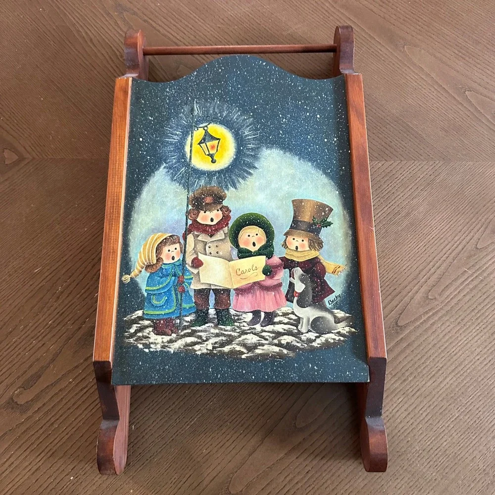 Vintage 1981 Becky Signed Hand Painted Wooden Christmas Sled Carolers Folk Art